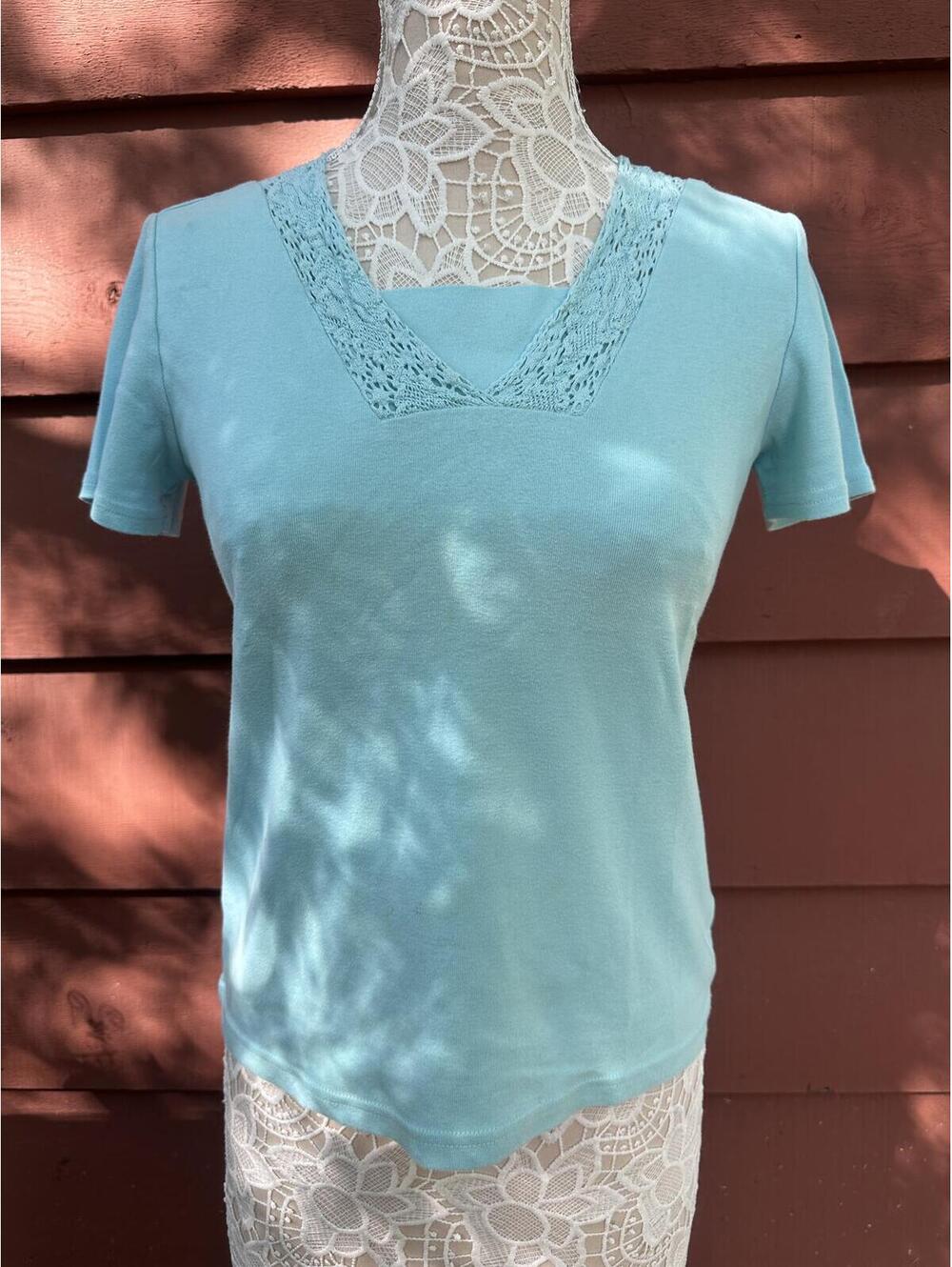Basic Editions Light Blue Cotton Lace Trim V Neck Tee Shirt